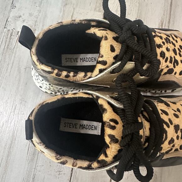 Steve Madden‎ Wedge Sneaker 8.5M Cliff Leather Leopard Print Lace Up Shoes Hair - Picture 3 of 10